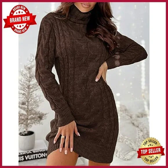 Cable Knit Turtleneck Sweater Dress Long Sleeve Bodycon Mini - Picture 3 of 8